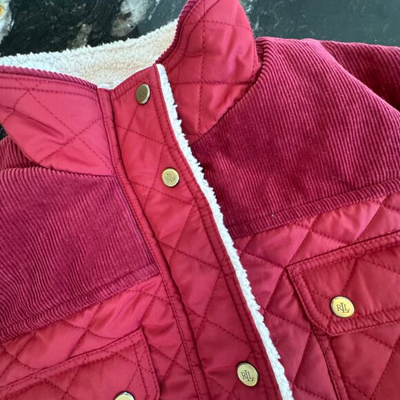 Lauren Ralph Lauren Red Barn Coat Sherpa collar Winter Quilted Puffer Medium zip - Picture 4 of 10